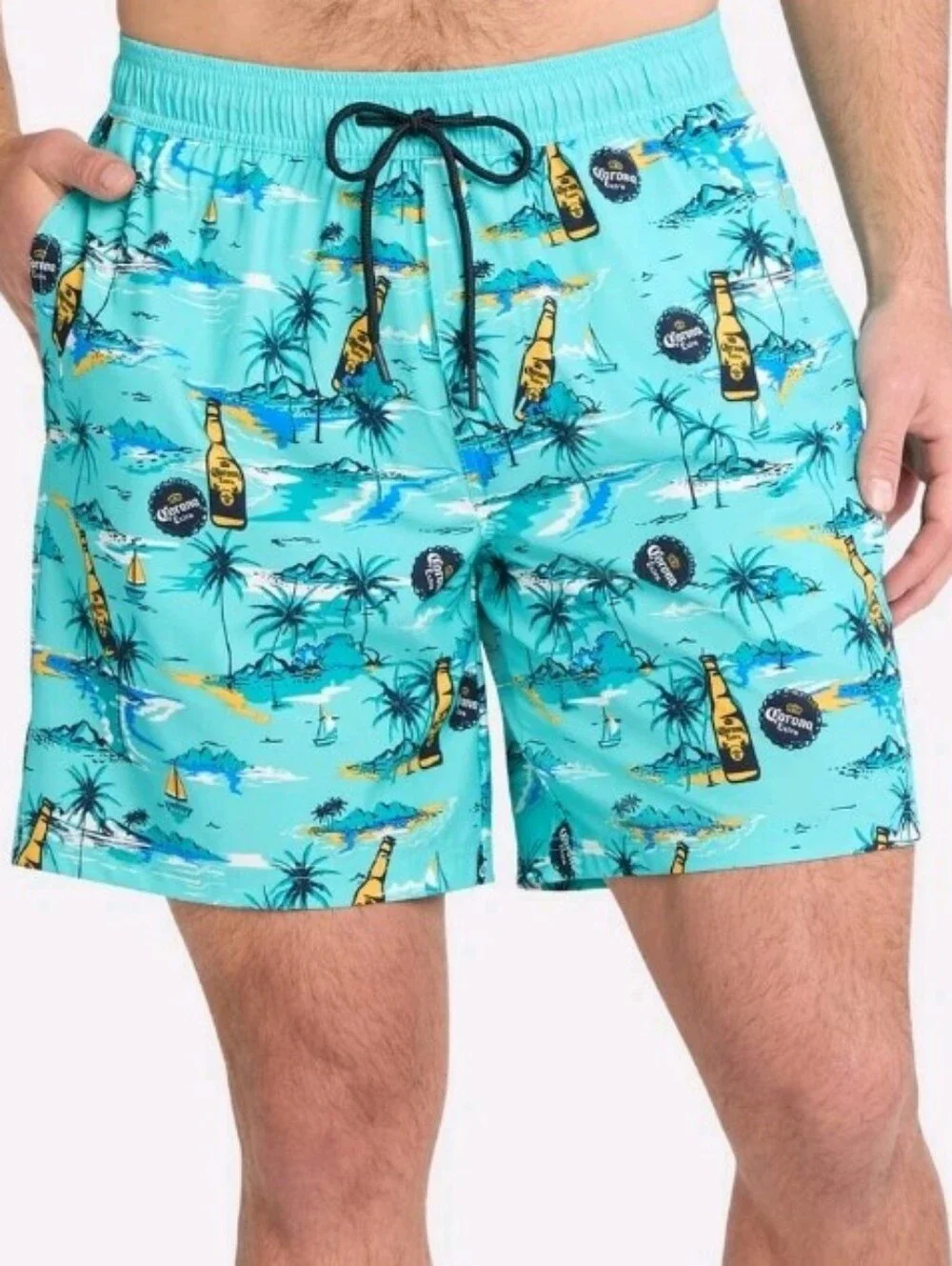 Corona Cay Board Shorts Teal Island-Print Swim Trunks Size L NEW